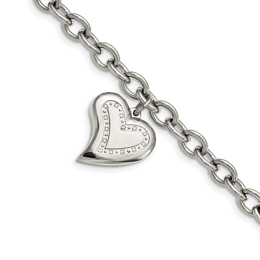 Stainless Steel Polished with CZ Heart Charm 7.5 inch Bracelet